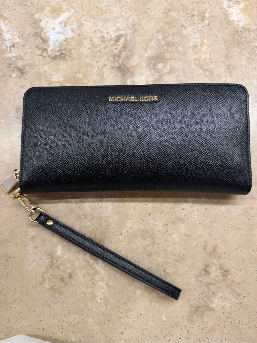 Michael Kors Black Saffiano Leather Zip Wristlet Wallet with Gold Logo